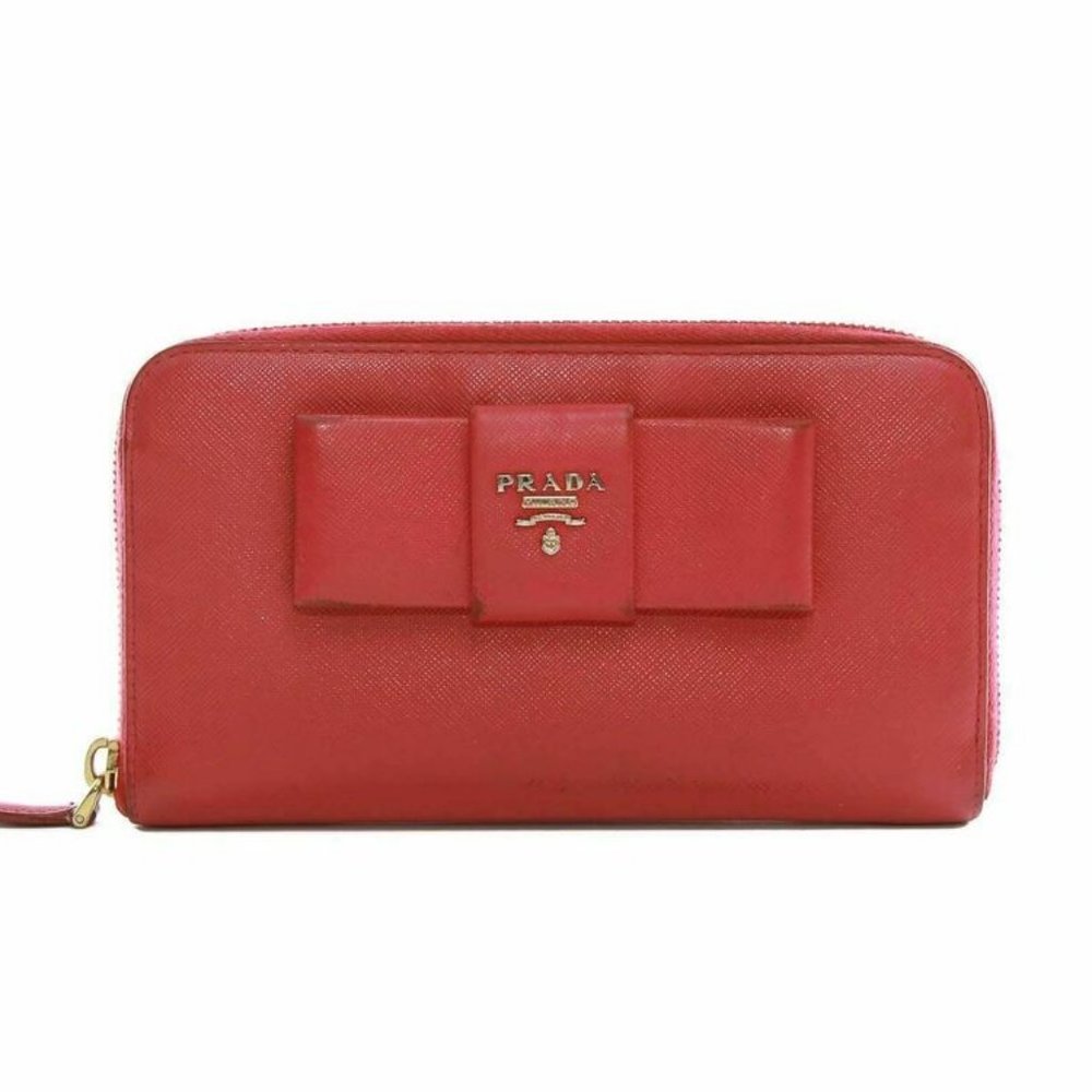 Authentic Prada Saffiano pink leather ribbon zip around wallet